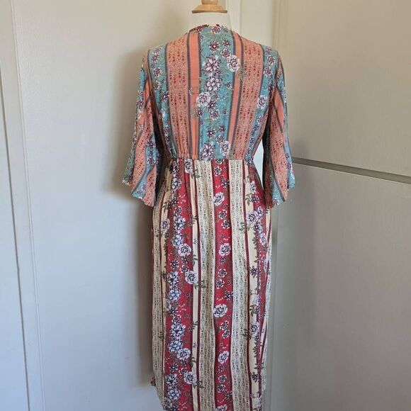 ANGIE Boho Tie Front Duster, Floral Soft Colors of  Teal, Peach and Ivory, Sz.L - Picture 4 of 6